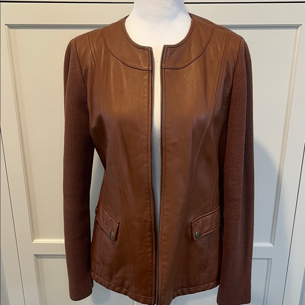 Linea by Louis Dell'Olio Brown Leather Sweater Zip front Jacket, VTG, size 10